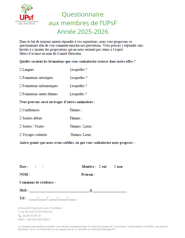 Rentrée 2025-2026: Questionnaire aux membres